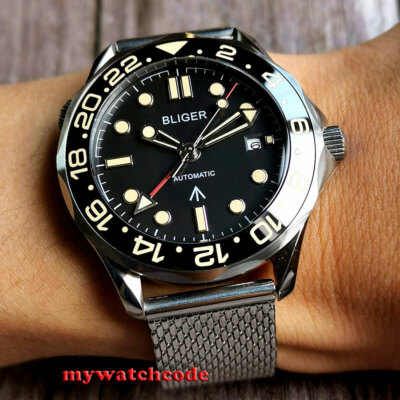 41mm bliger black dial sapphire glass GMT date Mesh belt automatic mens watch