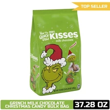 HERSHEY'S KISSES Grinch Milk Chocolate, Christmas Candy Bulk Bag, 37.28 oz