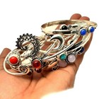 Cuff Bangles Lot 925 Silver Plated Sale ! 10pcs Mix Gemstone Adjustable Ethnic