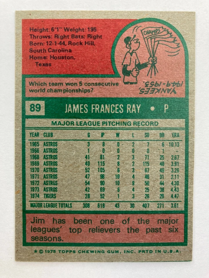1975 Topps #89 Jim Ray (Detroit Tigers) - Image 2 of 2