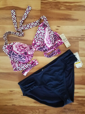 Tommy Bahama TSW31401T 34D M Purple Navy High Waist UW Bikini Swimsuit NWT 