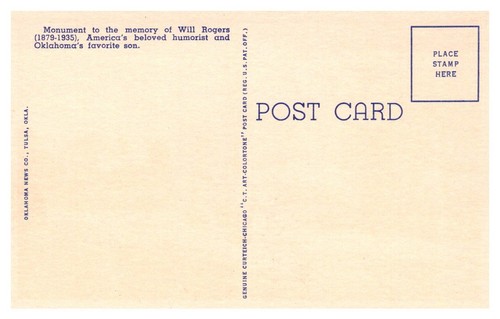 Postal de lino Riding into the Sunset Will Rogers Monument Claremore Oklahoma - Imagen 2 de 2