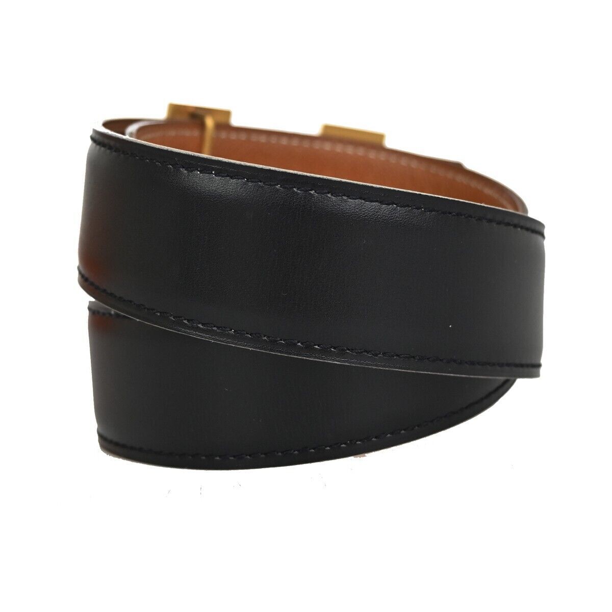 HERMES H Logo Constance Reversible Buckle Belt Leather Black Brown