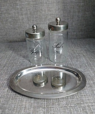 edles Set Salz und Pfeffer Streuer Siegl Glas mit Silbernen Deckel + Tablett 