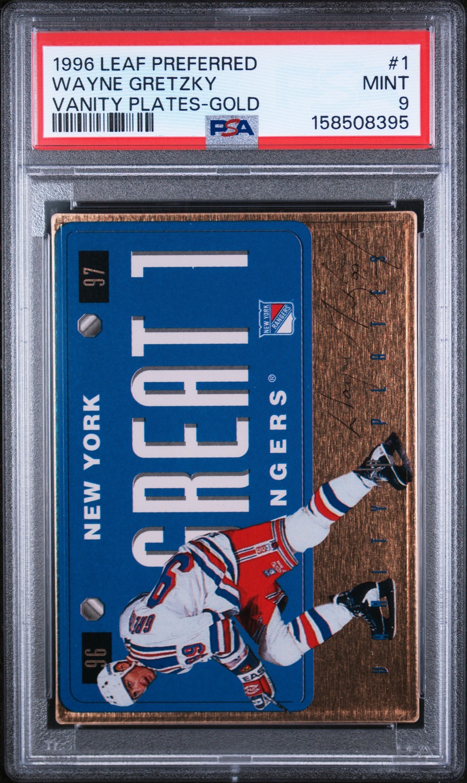 1996-97 Leaf Preferred #1 Wayne Gretzky Vanity Plates Gold PSA 9