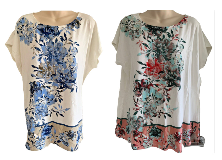 BULK LOT 2x D&CO. Top Tee Shirt Dolman Cap Sleeve Floral Cream Pink Blue 1X 2XL