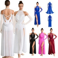 US Women Costume Stage Performance Ballet Ice Skating Dress Long Lyrical Modern