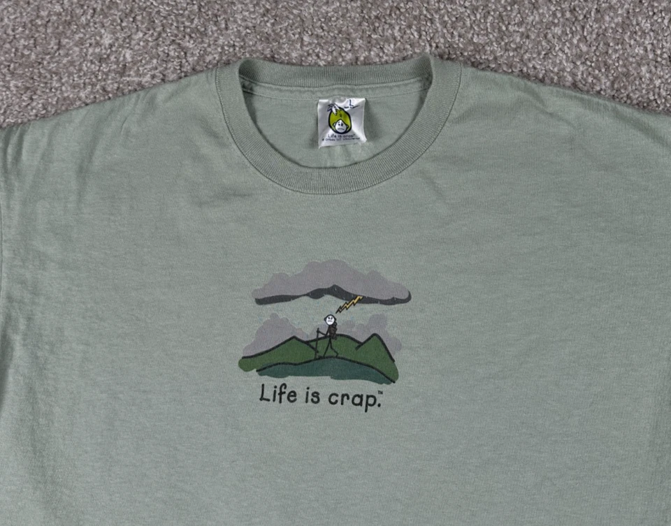 Camisa Life Is Crap Talla Hombres Grande Verde Manga Corta Senderismo Aire Libre Divertida Parodia Foto 2 de 4