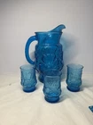 VTG Anchor Hocking  Laser Blue RainFlower Glass Pitcher & Set Of 3 Juice Glasses