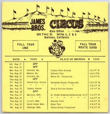 James Bros. Circus Fall Tour 1968 Route Card Martinez California