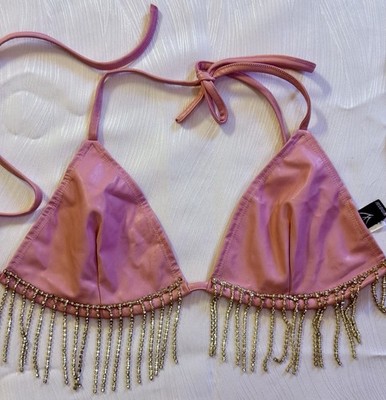 Windsor Pink Rhinestone Fringe Bralette Halter Top Festival Clubwear NWOT L