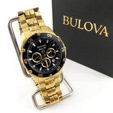 Bulova Marine Star Black Dial Gold Strap Men's Watch 98B406