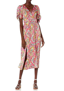 NWOT Sz 2 Cinq a Sept India Tie Cuff Dress Pink Primrose Paisley VNeck Midi Maxi