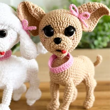 Handmade Crochet Chihuahua with Pink Bow, Amigurumi Small Dog Gift for Pet Lover