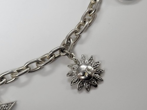 Moon Star Sun Charm Sterling Silver Bracelet w/ Diamonds ~ 7" ~ 9.8g ~ 4-F415 - Afbeelding 5 van 9