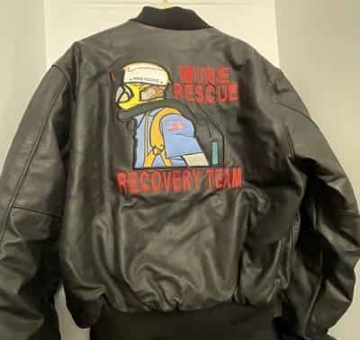 Men s Coal Miner Rescue Recovery Team 2005 Black Leather Bomber Jacket Sz XL