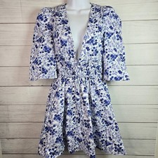 LoveShackFancy Floral Puff Sleeve Ruffle Smocked Cotton Blue Mini Dress S NWOT