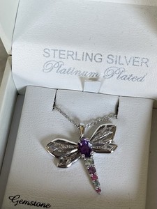Beautiful Dragonfly Necklace Fine Jewelry With  SIX Gemstones Sterling Silver