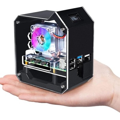 Raspberry Pi Mini Tower NAS Kit mit Cooler RGB Fan M.2 SSD Gehäuse OLED Display