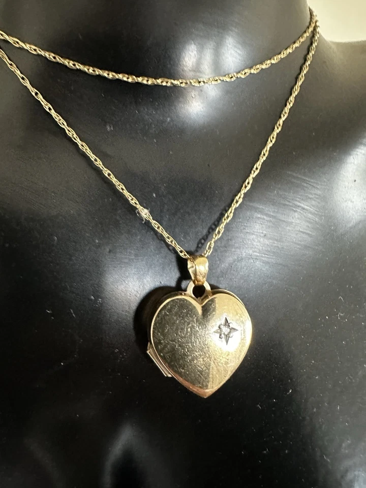 Vintage 9K Gold & Diamond Heart Locket Set - Birmingham Hallmarked - 1.9g - 20" - Изображение 4 из 4