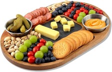 Image of Acacia Wood Serving Board Wood Serving Platter with Slate 36x24cm 2 Sauces Bowl
