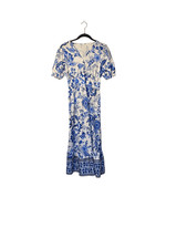 Unbranded women  s blue and white floral, V-neck tiered midi dress med