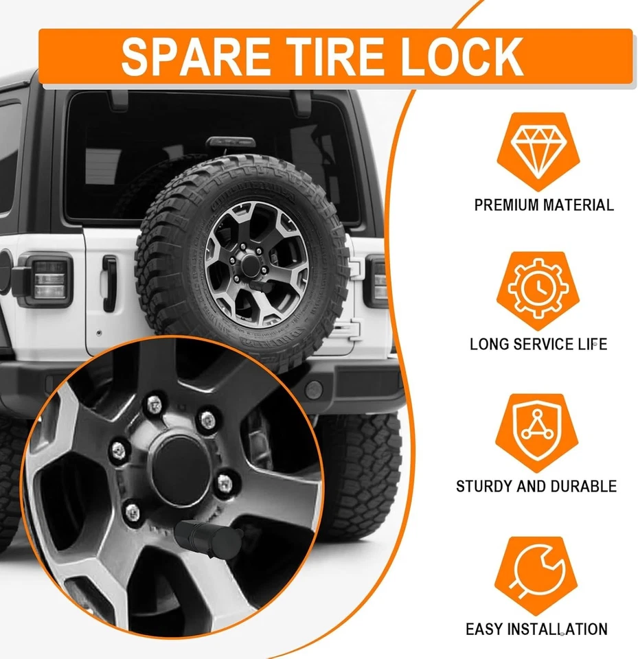 Spare Tire Lock, M14*1.5 Thread, Compatible with 2018+ Jeep Wrangler JL, 2 Keys Foto 3 de 4