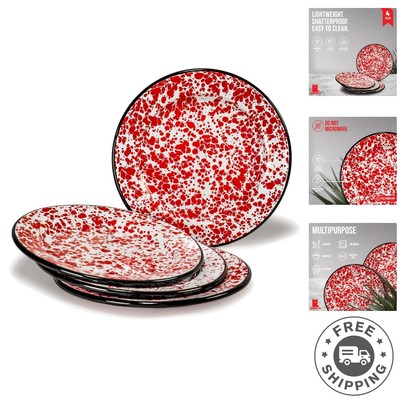 Set of 4 Vintage Red Marble 8'' Round Enamelware Salad Plates - Dishwasher Safe