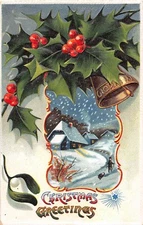 Holly, Mistletoe, & a Bell Around a Snowy Home Scene on Old Christmas Postcard