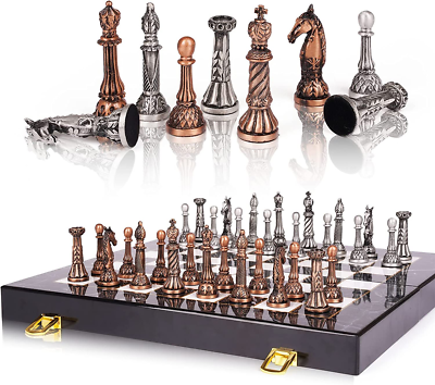 Vintage Figurine Chess Set - Wooden Board With Metal Pieces, Travel-Friendly Folding Design - View #10