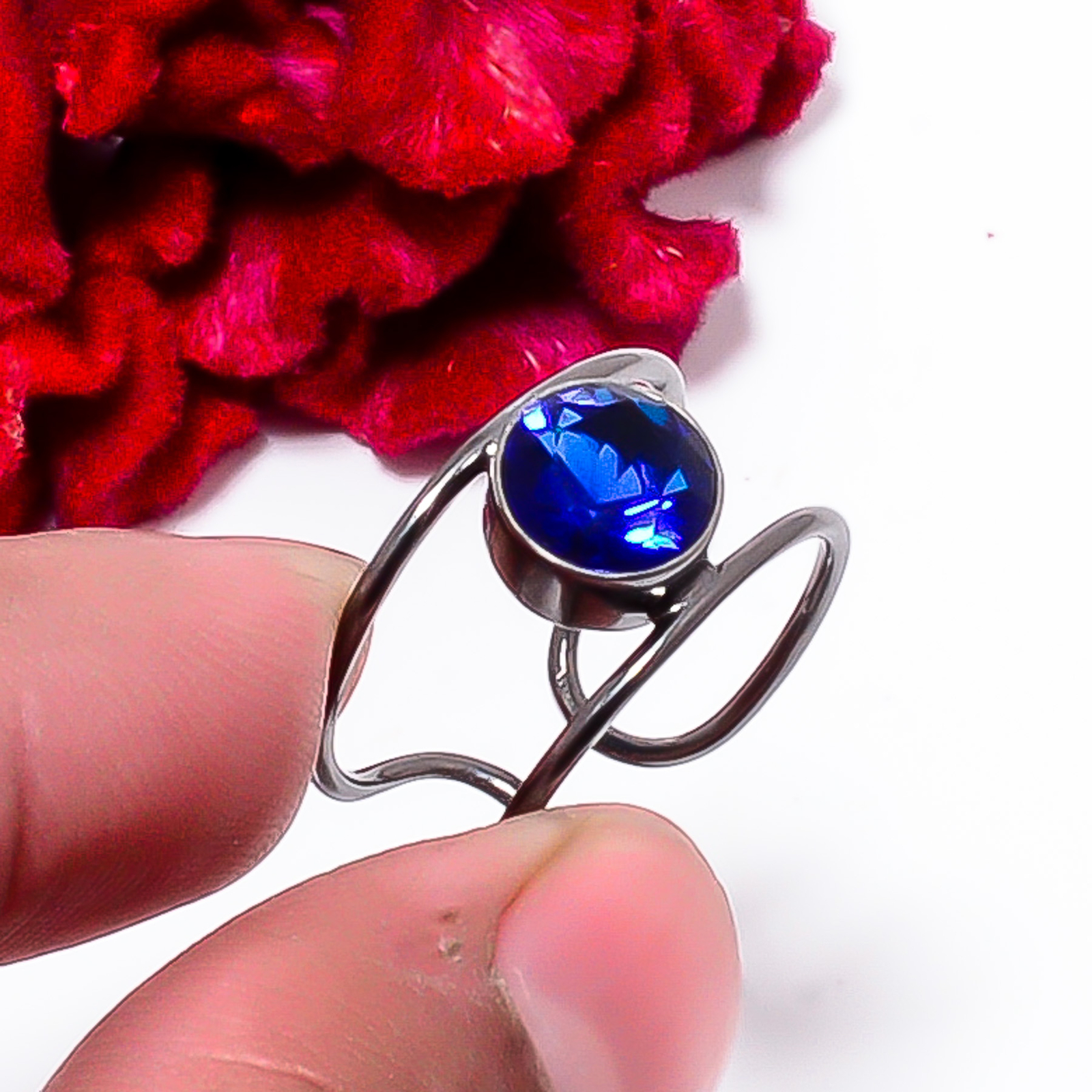 Blue Sapphire Simulated Black Rhodium Plated Sterling Silver Ring Size 8