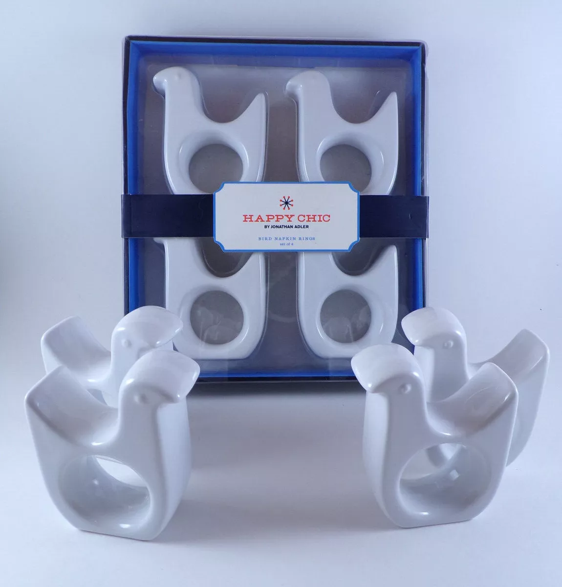 Jonathan Adler Happy Chic White Bird Napkin Rings Holders Set of 8