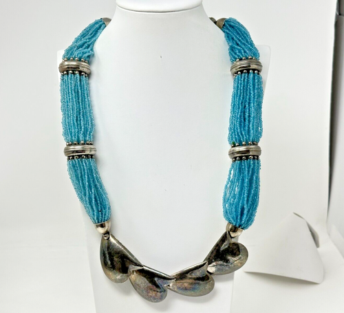 Vintage Silvertone Multi-Strand Blue Glass Seed Bead 28" Necklace