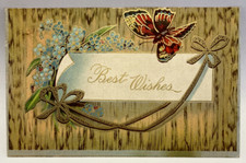 Best Wishes, Butterfly, Blue Flowers, Vintage Greeting Postcard
