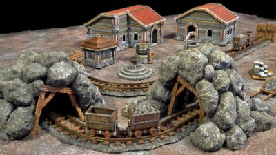 Bergbausiedlung, Häuser, Grubengleise und Landschaft für 28-32mm Tischspiel.