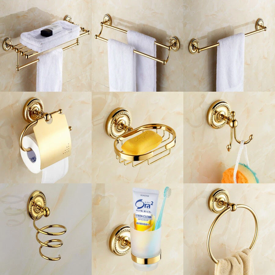 Polished Gold Color Brass Bathroom Accessories Set Bath Hardware Towel Bar  ee006