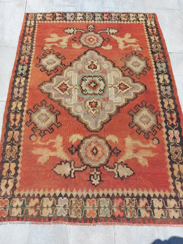 Alfombra antigua Oushak súper rara reccional alfombra decoración floral y geométrica alfombras Foto 3 de 4