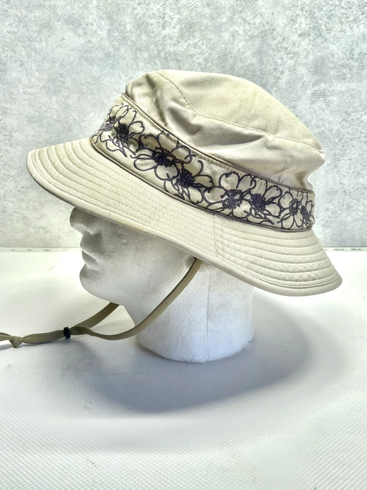 REI Womens Bucket Hat Medium Purple Floral Organic Khaki Hat Buckle Chin Strap - Image 4 of 4