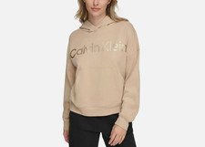 Calvin Klein Women Metallic-Logo Dropped-Shoulder Hoodie Wheat Size S