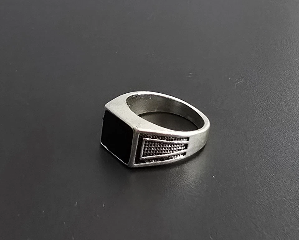 JUEGO BISEL ÓNIX NEGRO GRABADO CALIDAD TITANIO PLATA NUEVO TALLA 8 ANILLO HOMBRE Foto 4 de 4