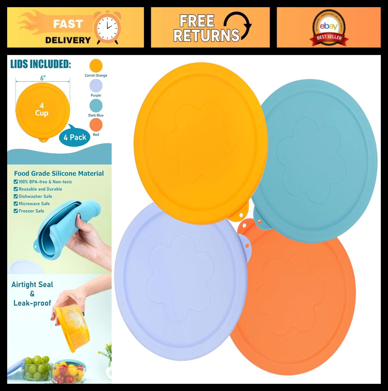 4 Cup Silicone Replacement Lids for Glass Bowls - 4 Pack, Microwave & Dishwasher