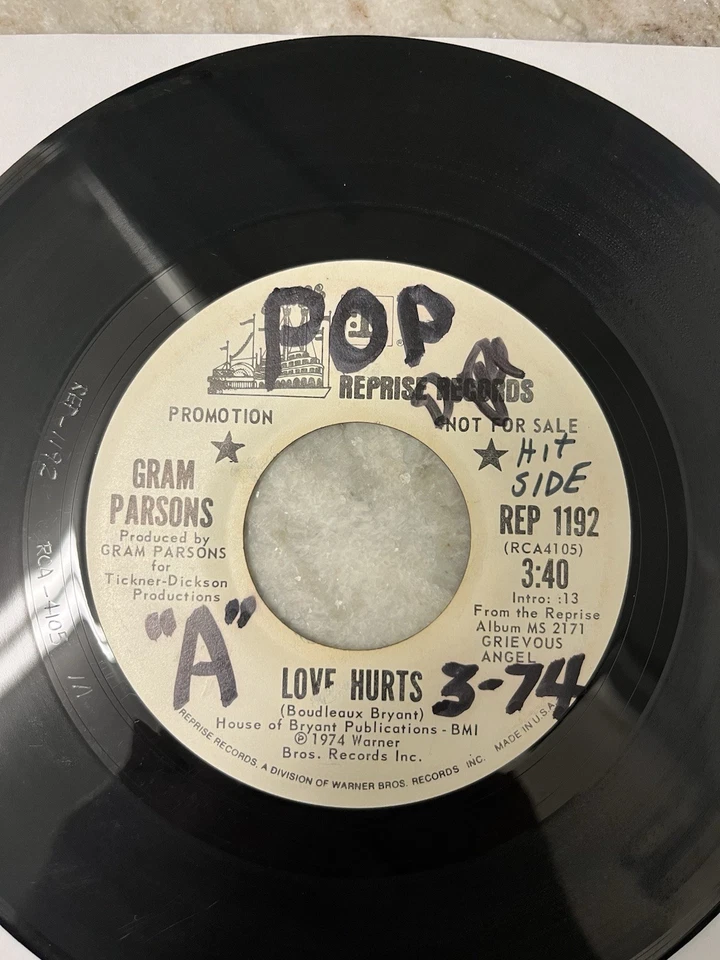 1974 Gram Parsons “ Love Hurts / In My Hour Of Darkness “ Reprise 1192 Promo 45 - Image 2 of 4