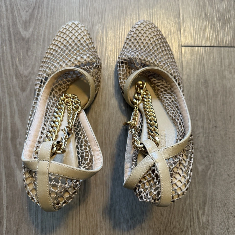 BOTTEGA VENETA NIB mesh nappa chunky gold chain sandals size 37 beige - Image 2 of 4