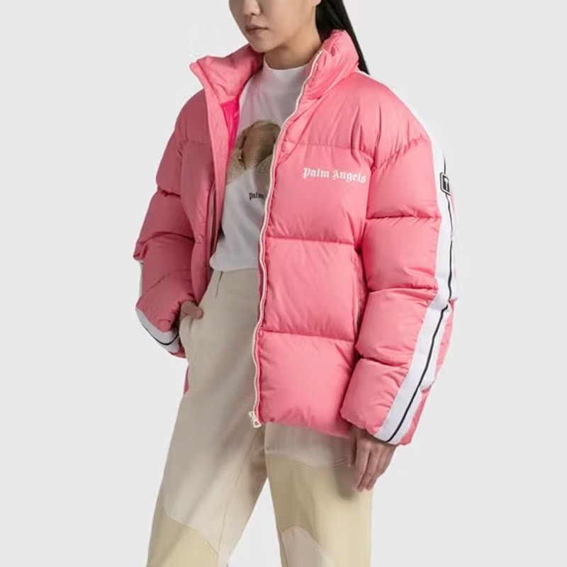 Palm Angels Classic Track Down Puffer Jacket in Pink/White Size XS
