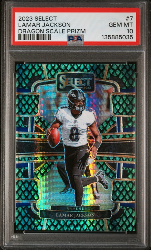2023 Panini Select #7 Lamar Jackson Dragon Scale Prizm PSA 10 #/70