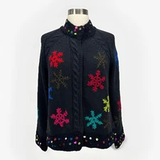 Susan Bristol VTG Cardigan Sweater Snowflake Black Hand Embroidered Sequins Sz M