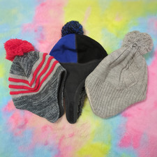 Mixed Beanie Hats Winter One Size Child Boys Red Black Gray Poms Knit Lot Of 3