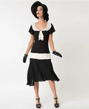 UNIQUE VINTAGE 1920s BLACK & CREAM WILSHIRE FLAPPER DAY DRESS - NEW