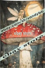 Whimsical Mushroom Fairy Tapestry Dark mystical magical 39X59 in