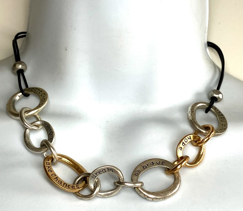 Vintage Unsigned Brighton Silver Tone Chunky Chain Phrases Necklace